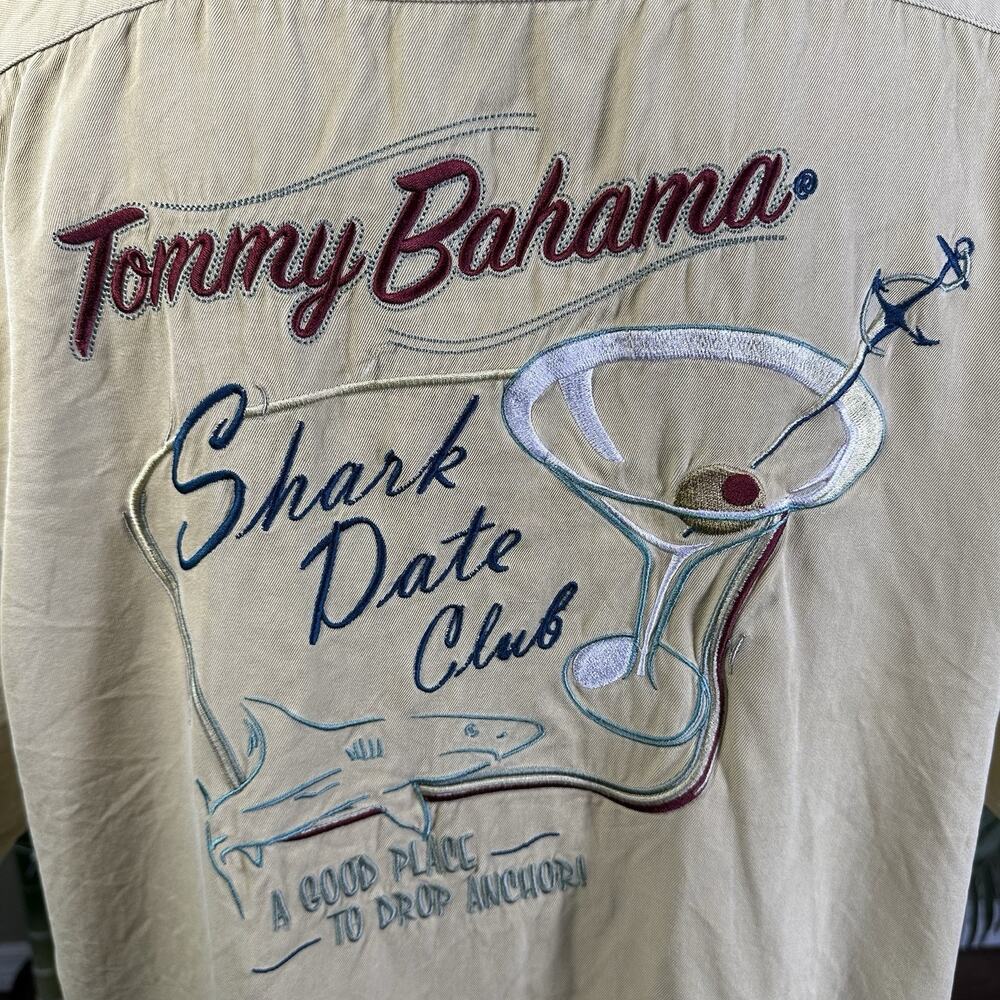 Tommy Bahama Silk Embroidered Shirt Men XL Buttery Cream Yellow Shark Date Club